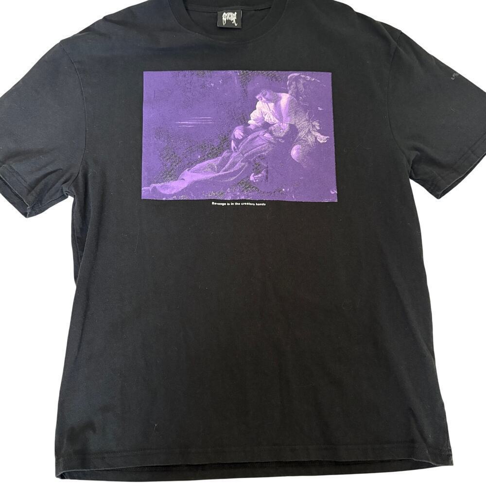 Revenge St. Francis Tee Black Purple Angel Print Graphic Shirt L Streetwear Y2K